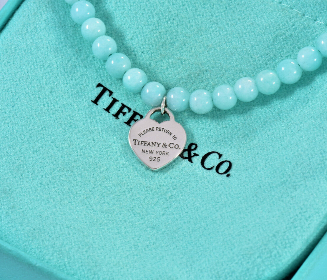 7.55" Please Return To Tiffany & Co Silver Heart Charm Amazonite Bead Bracelet