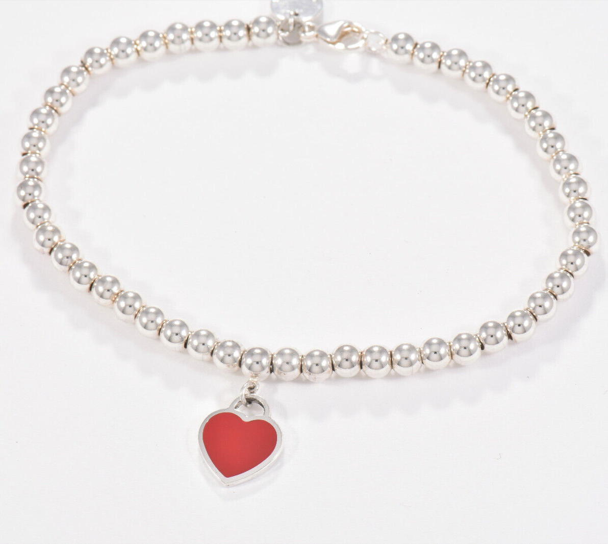 7" Please Return To Tiffany & Co Silver Red Enamel Heart Charm Bead Bracelet Box