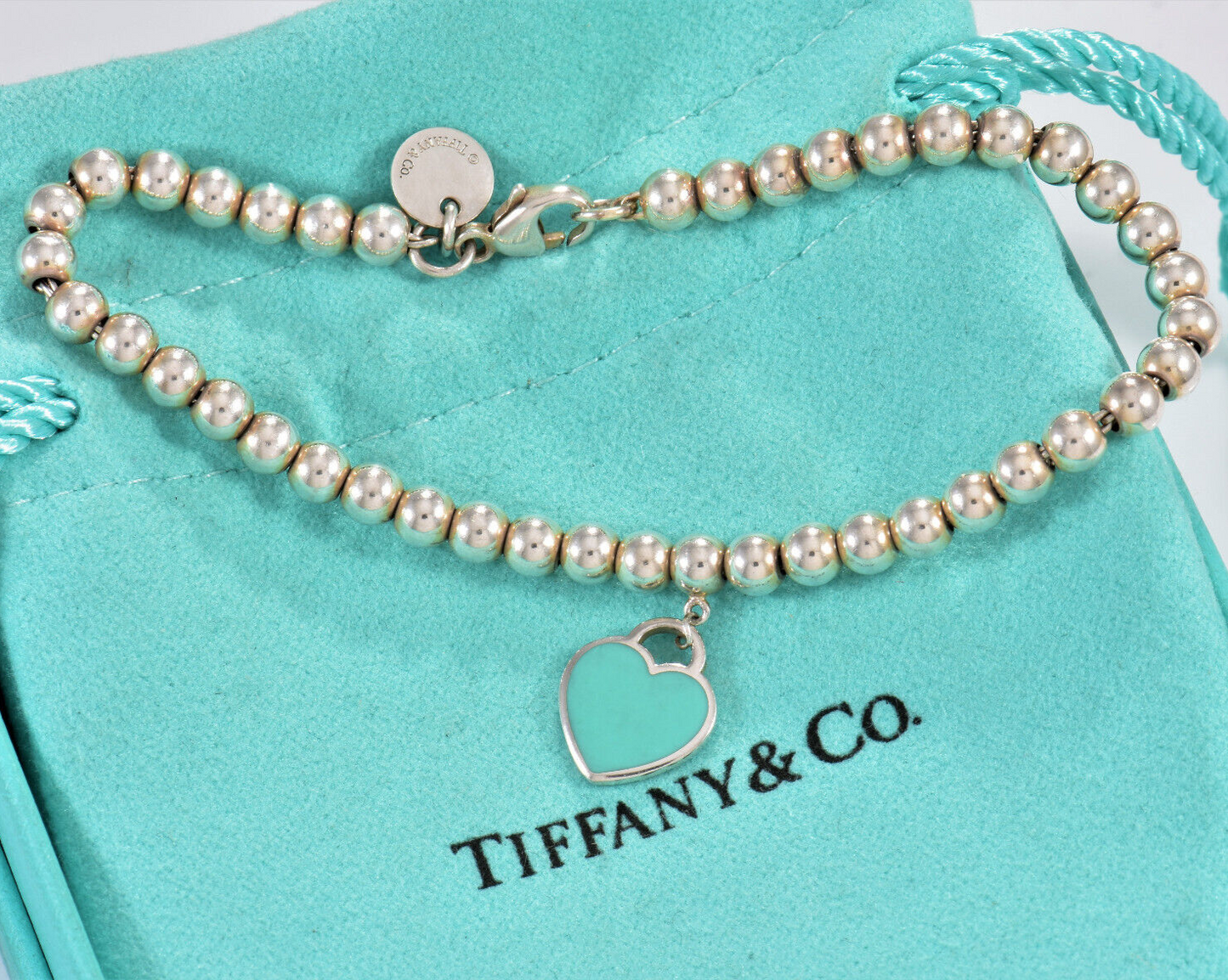 Please Return To Tiffany & Co Silver Blue Enamel Heart Charm Bead 6.75" Bracelet