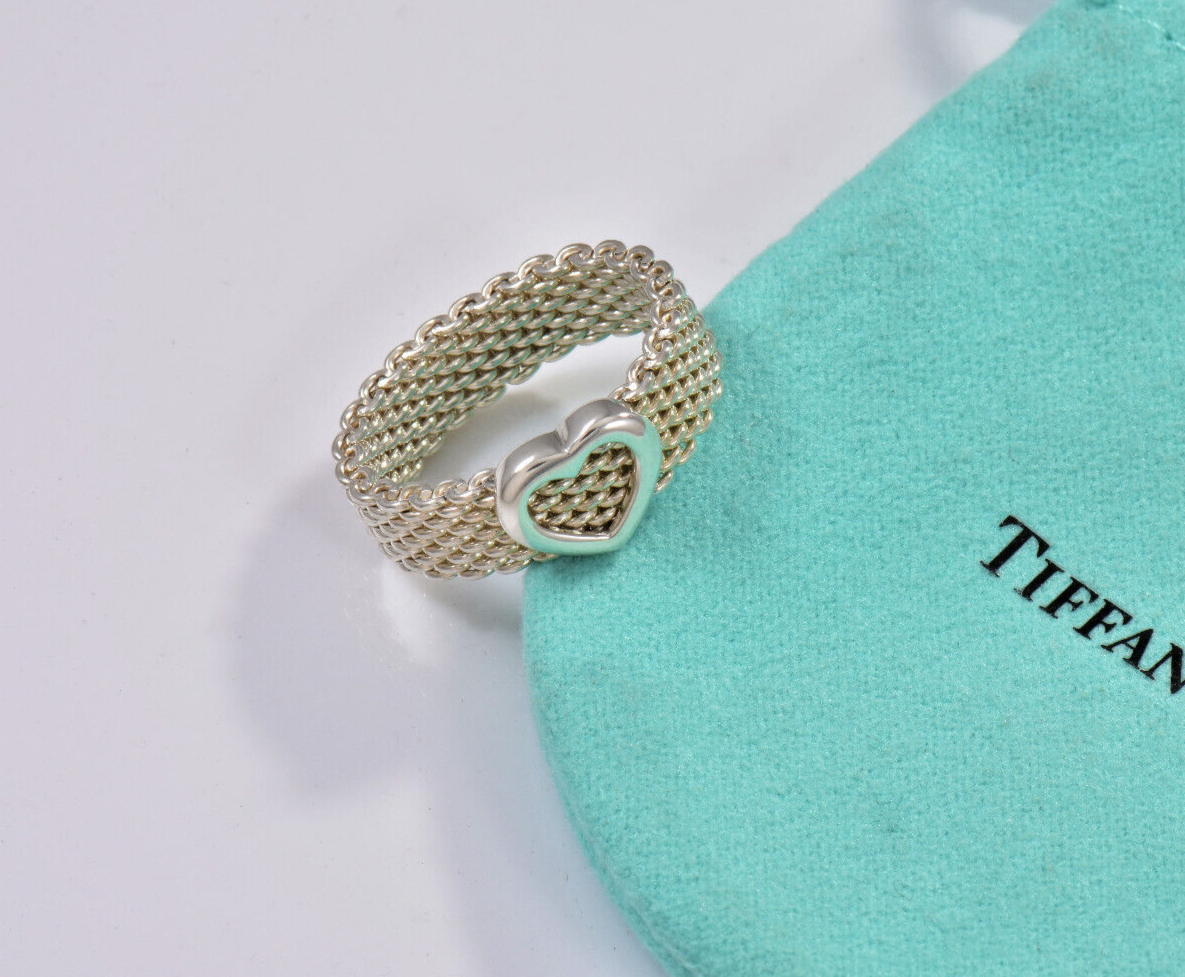 Size 5 Tiffany & Co Sterling Silver Heart Mesh Love Ring in Pouch Rare Lovely