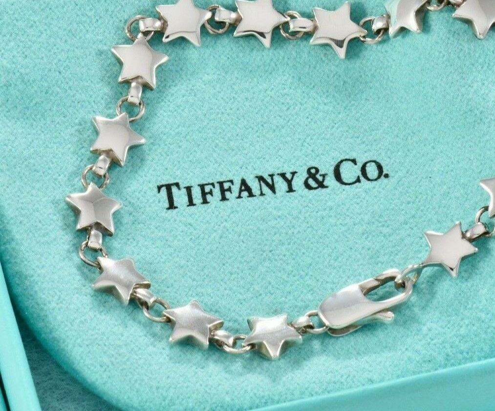 7.55 Vintage Tiffany & Co Sterling Silver Star Chain Link Bracelet in Pouch Rare