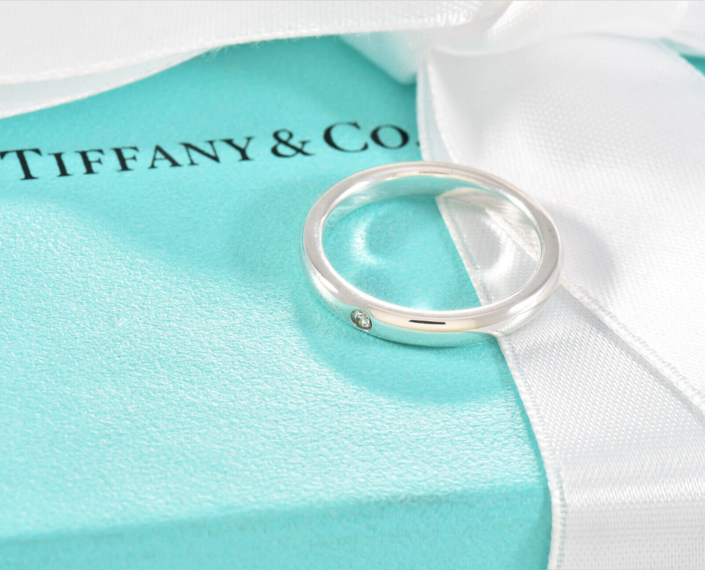 Size 5 Tiffany & Co Sterling Silver Elsa Peretti Diamond Stack Ring in Box Pouch