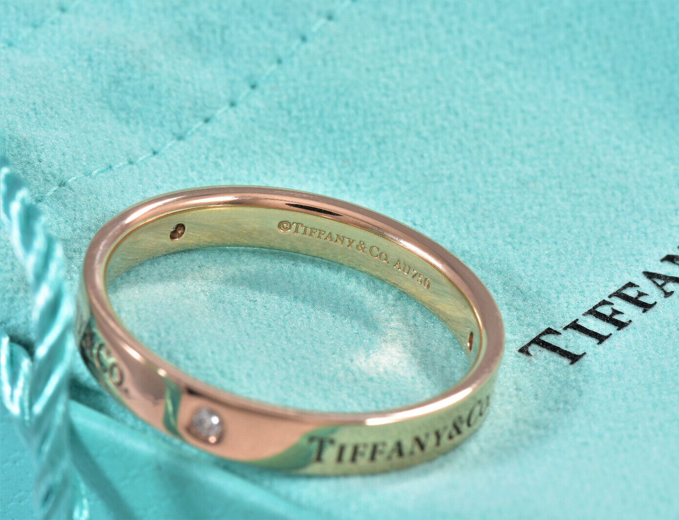 Size 5.5 Tiffany & Co Rose Gold Three Diamond 3mm Band Ring in Box Pouch Lovely