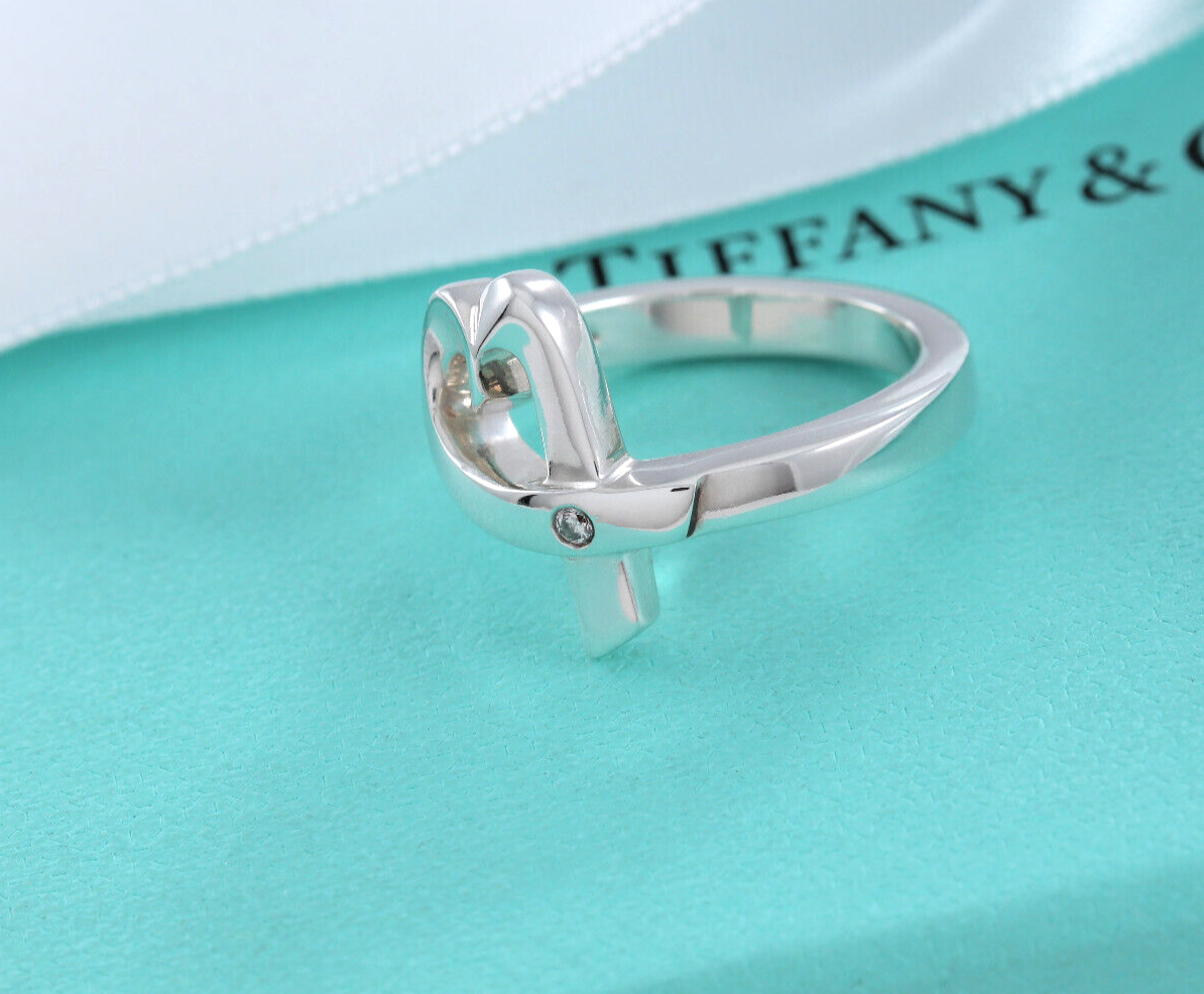 Size 5.5 Tiffany & Co Diamond Silver Paloma Picasso Loving Heart Ring Box Pouch