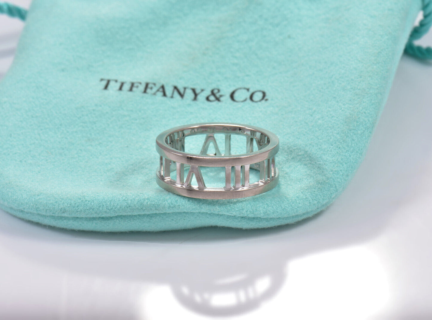 Tiffany & Co 18K White Gold Wide Atlas Band Ring Size 6 in Box Pouch Rare Lovely