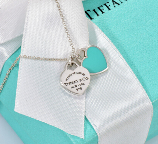 16.5" Please Return Tiffany & Co Silver Mini Double Heart Blue Enamel Necklace