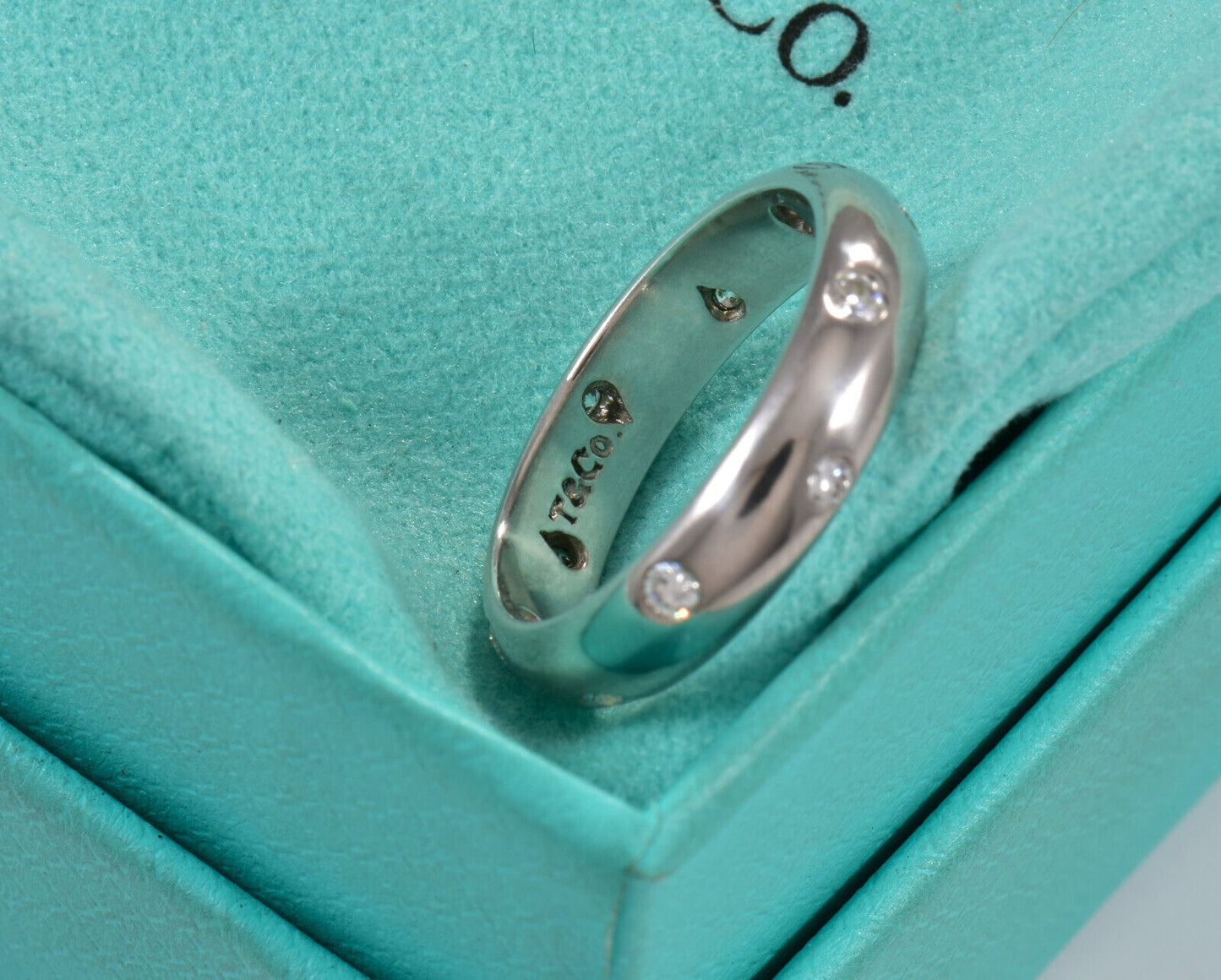 Size 4.25 $3200 Tiffany & Co Etoile Diamond Platinum Band Ring .22ct & Box Pouch