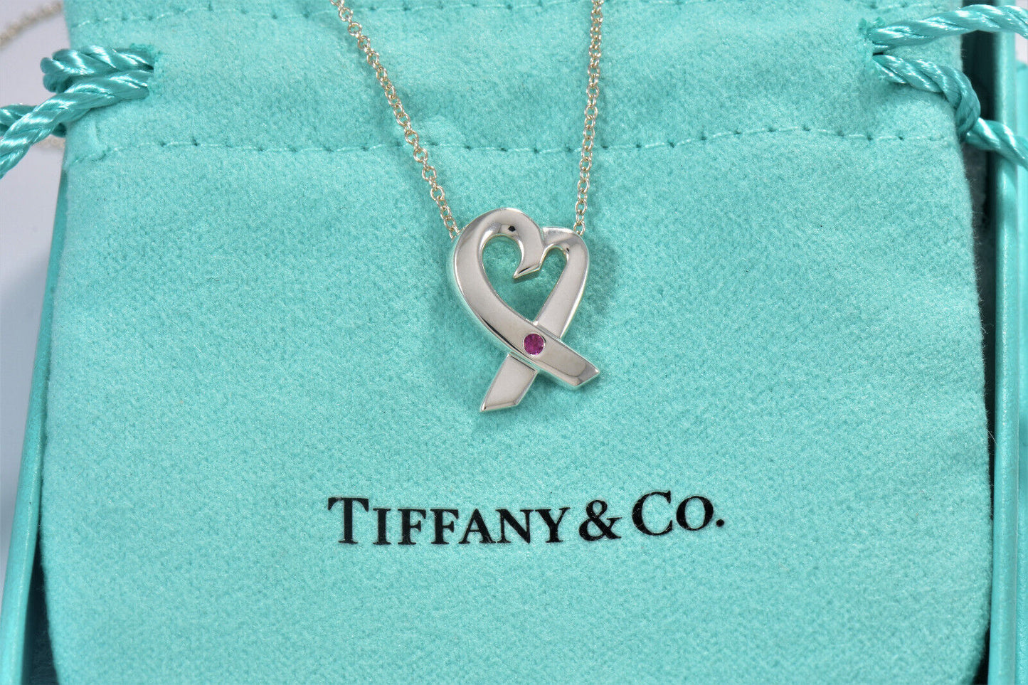 Tiffany & Co Silver Pink Sapphire Paloma Picasso Loving Heart Pendant Necklace