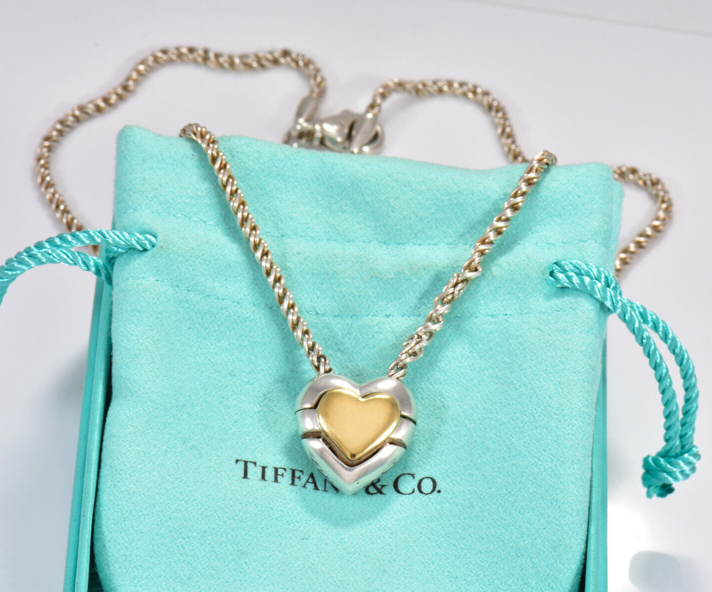 Vintage Tiffany & Co Italy Gold Silver Heart Puzzle Pendant Necklace Rare Rope