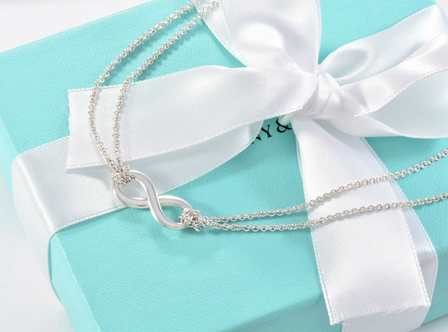 Tiffany & Co Silver Infinity Pendant 16" Double Chain Necklace in Box Pouch Card