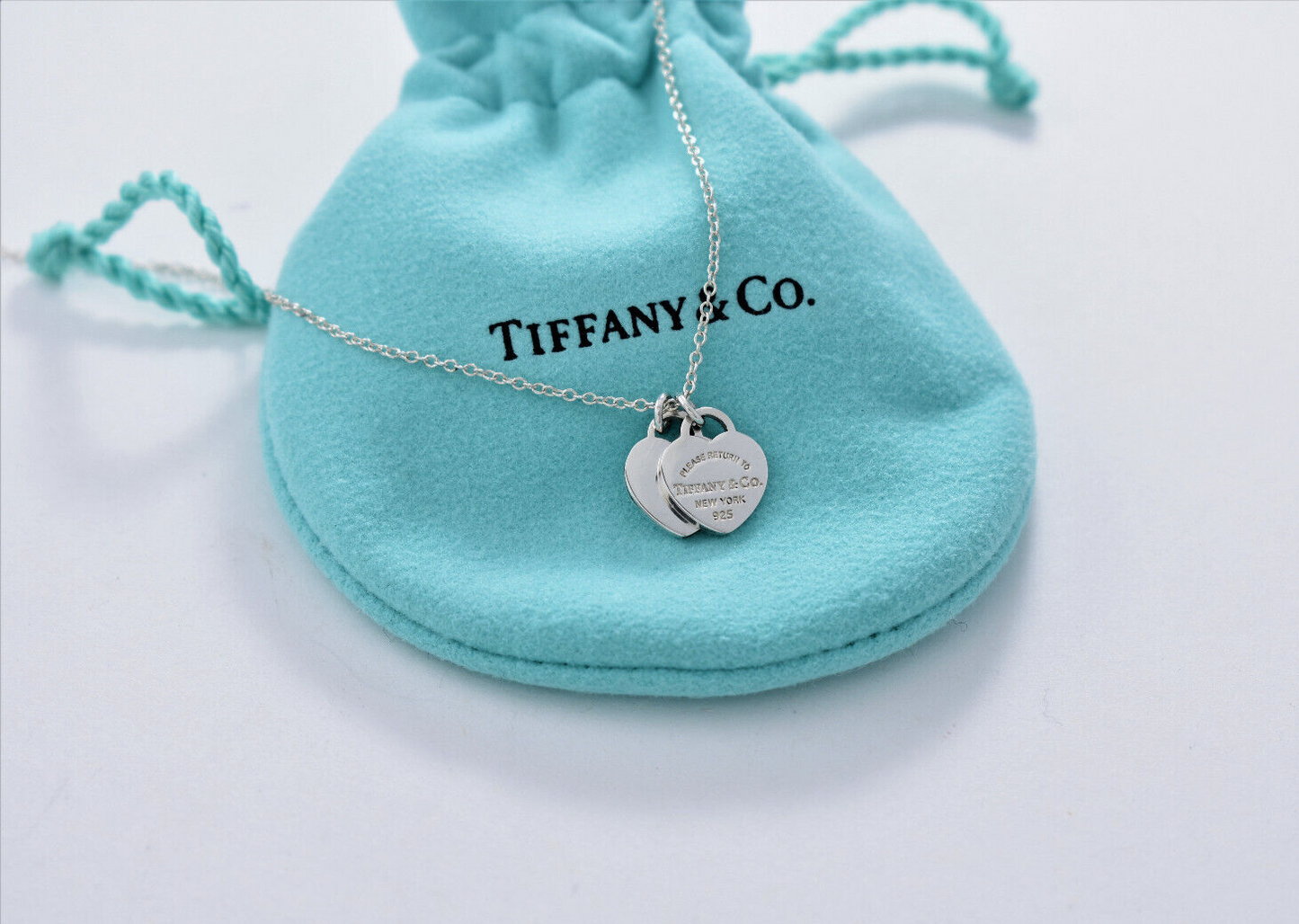 Return To Tiffany & Co Silver Mini Double Heart Pendant 16.25" Necklace in Pouch