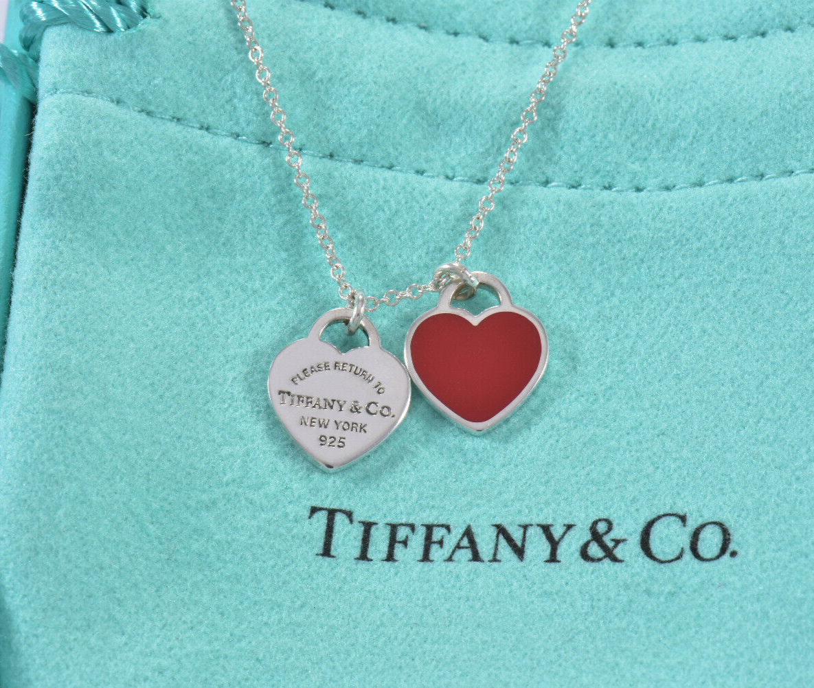 18.5" Please Return Tiffany & Co Silver Mini Double Heart Red Enamel Necklace