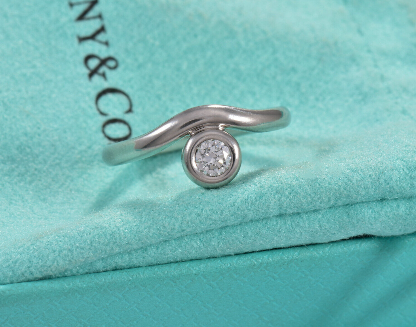 Size 5 Tiffany & Co Platinum Diamond By Yard Elsa Peretti Curved Ring Solitaire