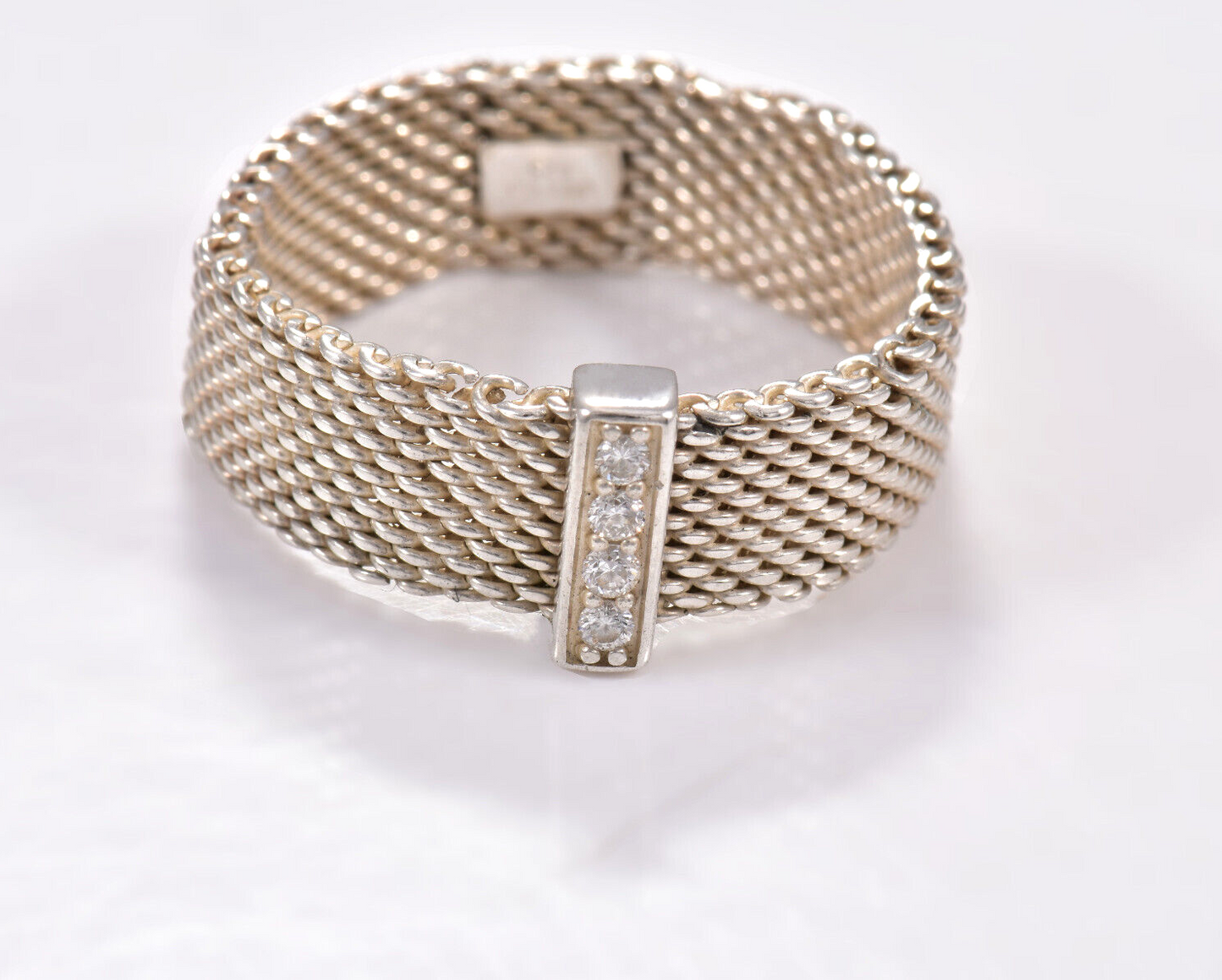 Size 8.5 Tiffany & Co Silver 4 Diamond Somerset Mesh Ring 7mm Wide Band