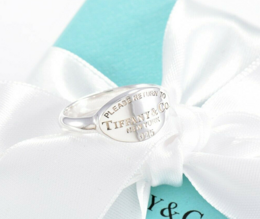 Size 5.5 Please Return To Tiffany & Co Silver Oval Signet Band Ring & Pouch Rare