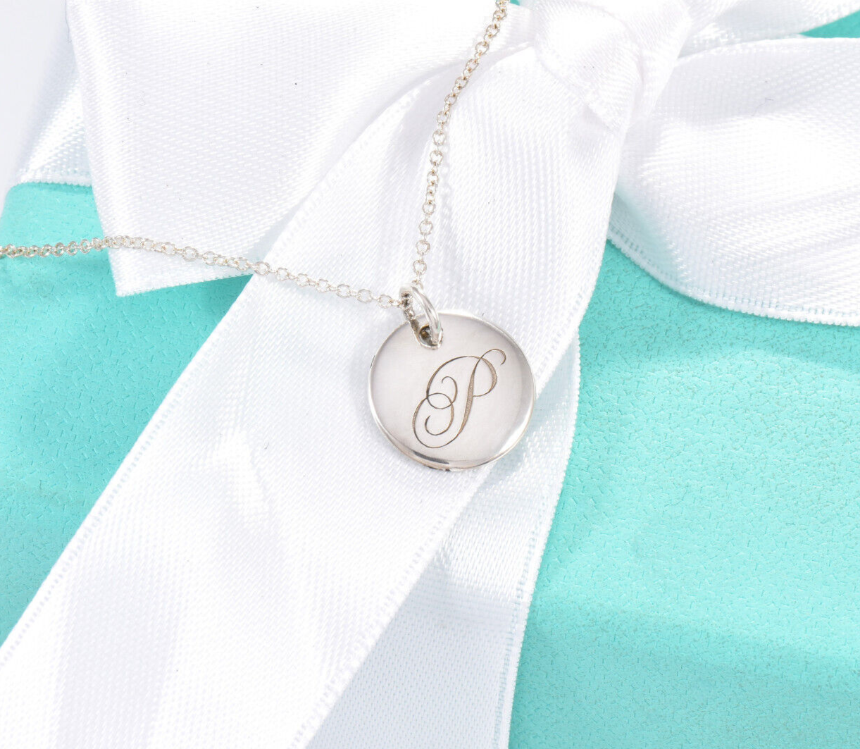 Tiffany & Co Silver Letter P Cursive Circle Pendant 17" Necklace in Box Pouch