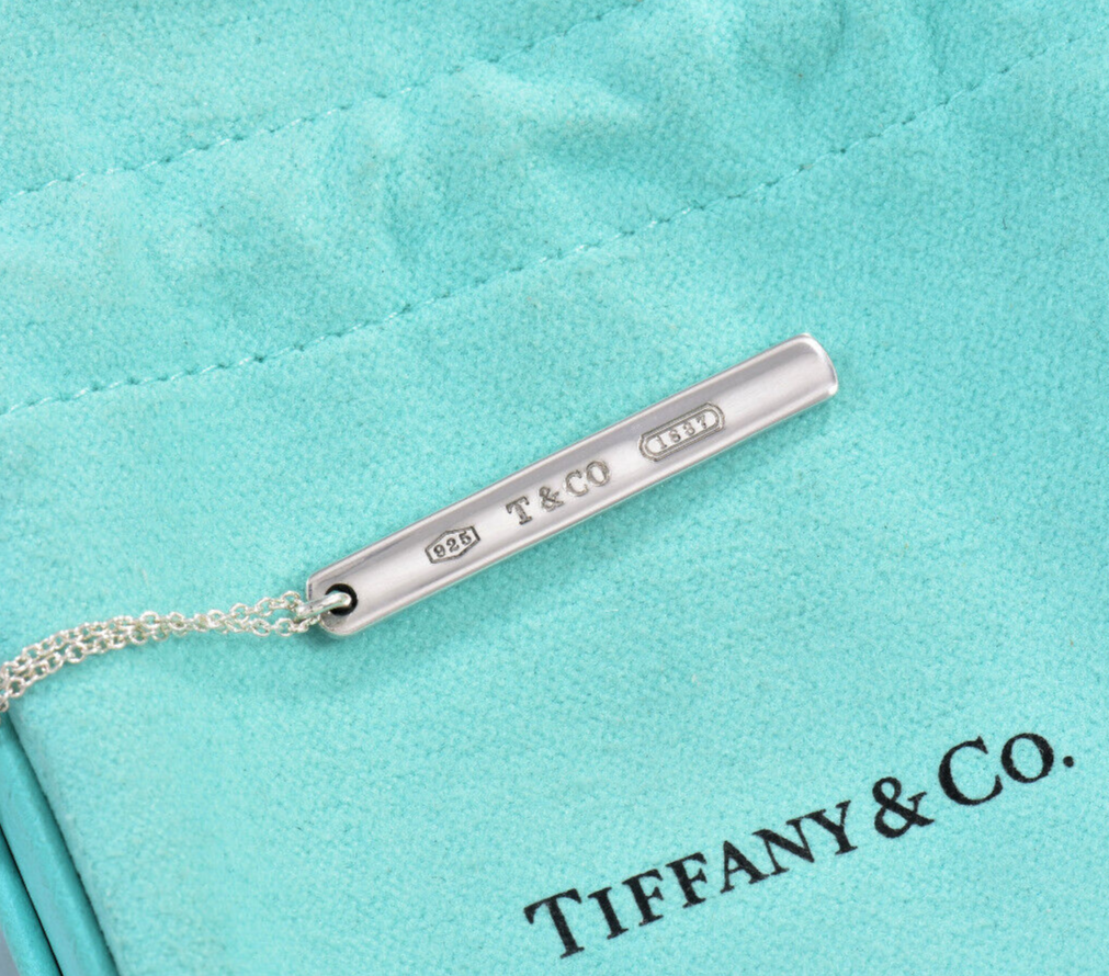 Tiffany & Co Sterling Silver 1837 Thin Bar Pendant Necklace in Box Pouch Ribbon