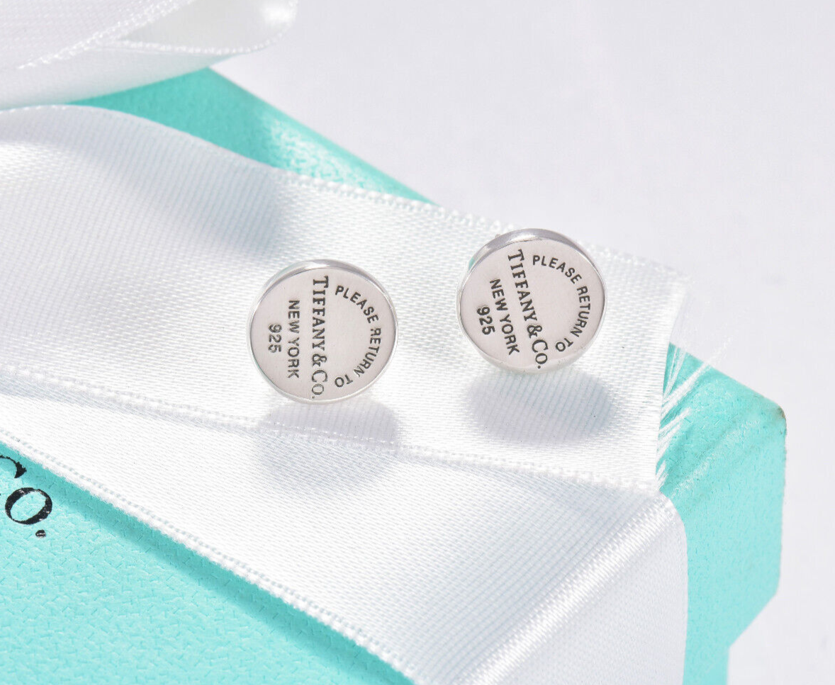 Please Return To Tiffany & Co Silver Circle Stud Earrings in Box Pouch Ribbon