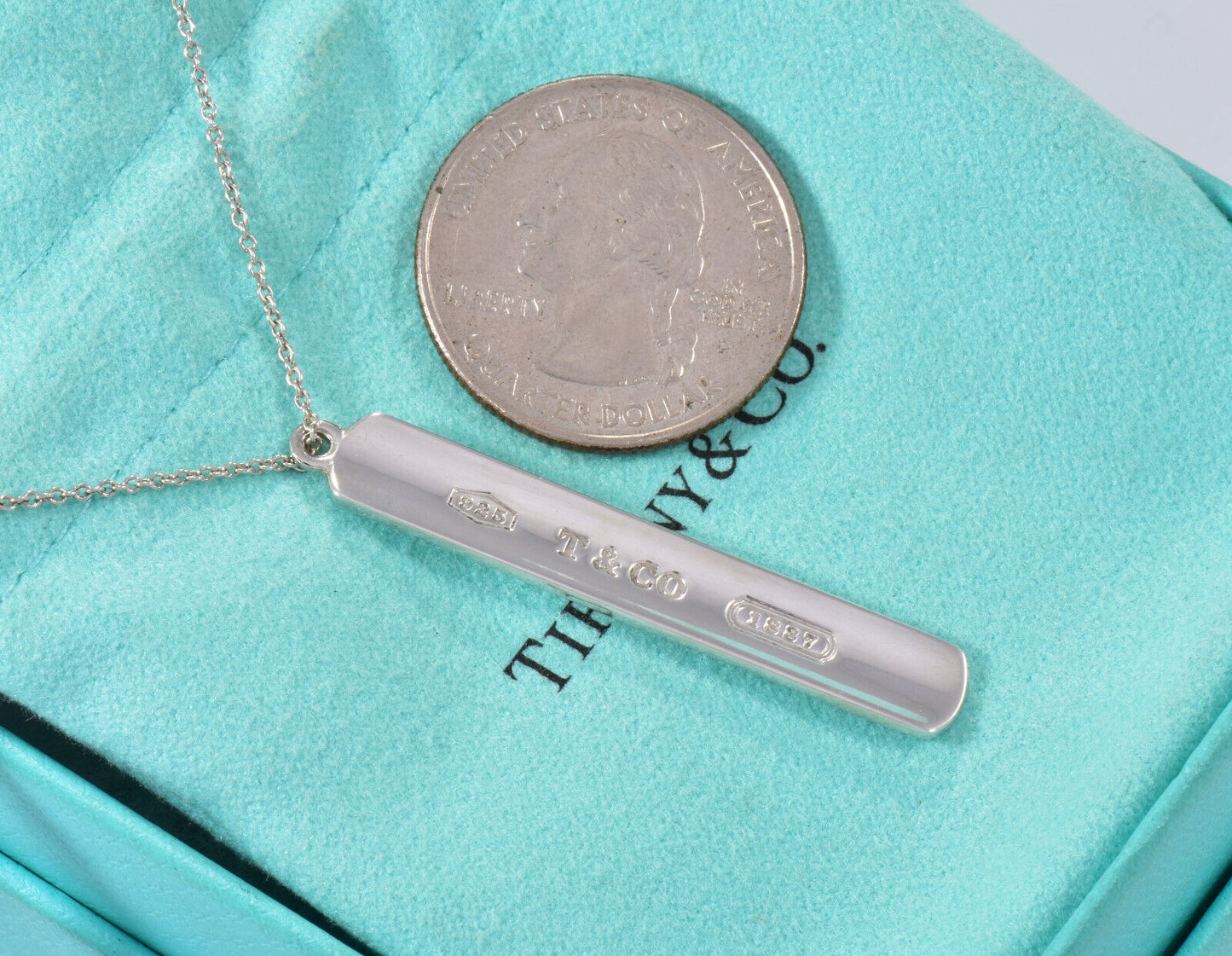 20" Tiffany & Co  Silver Larger 1837 Thin Bar Pendant Necklace Box Pouch Ribbon