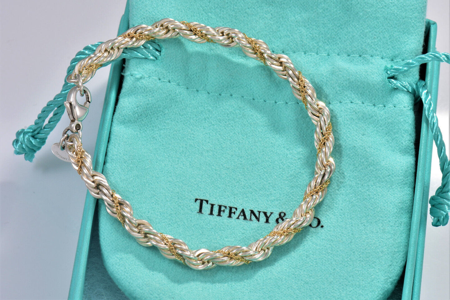 Vintage Tiffany & Co Silver 18K Yellow Gold Rope Chain 7.25" Bracelet in Pouch