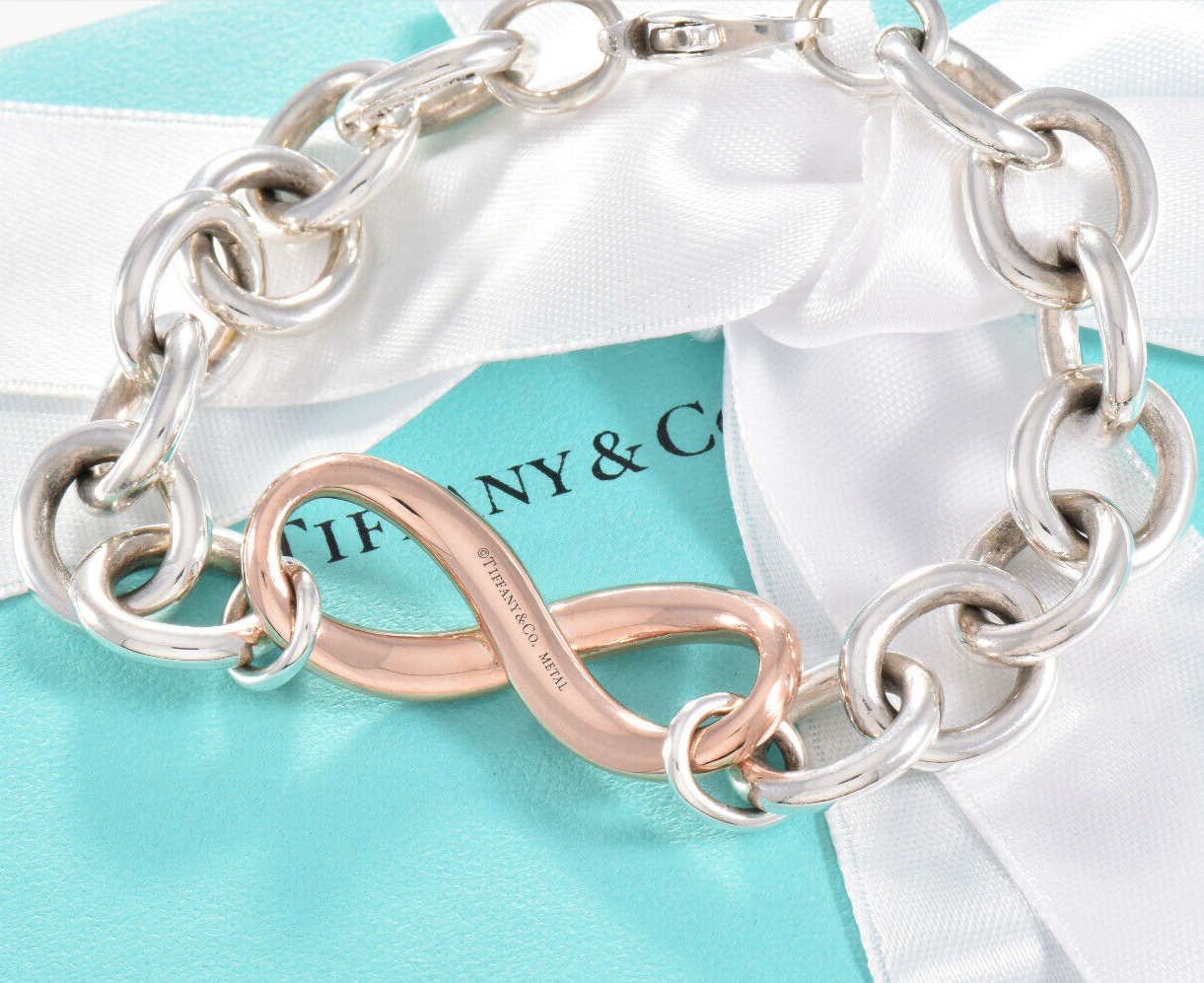 Heavy 7.75" Tiffany & Co Rubedo Gold Metal Silver Infinity Large Chain Bracelet