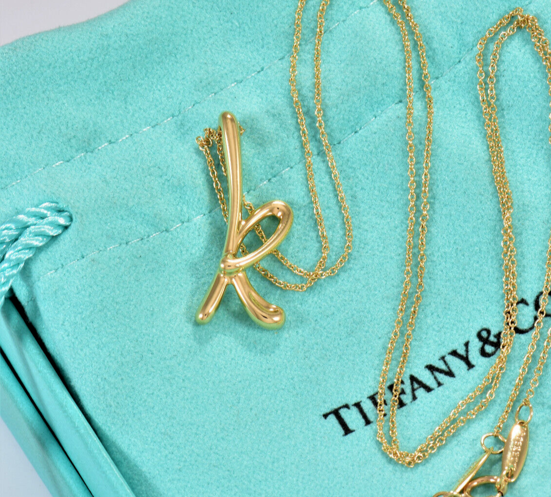 Boxed Tiffany & Co 18K Yellow Gold Elsa Peretti Letter K Pendant 16.25" Necklace