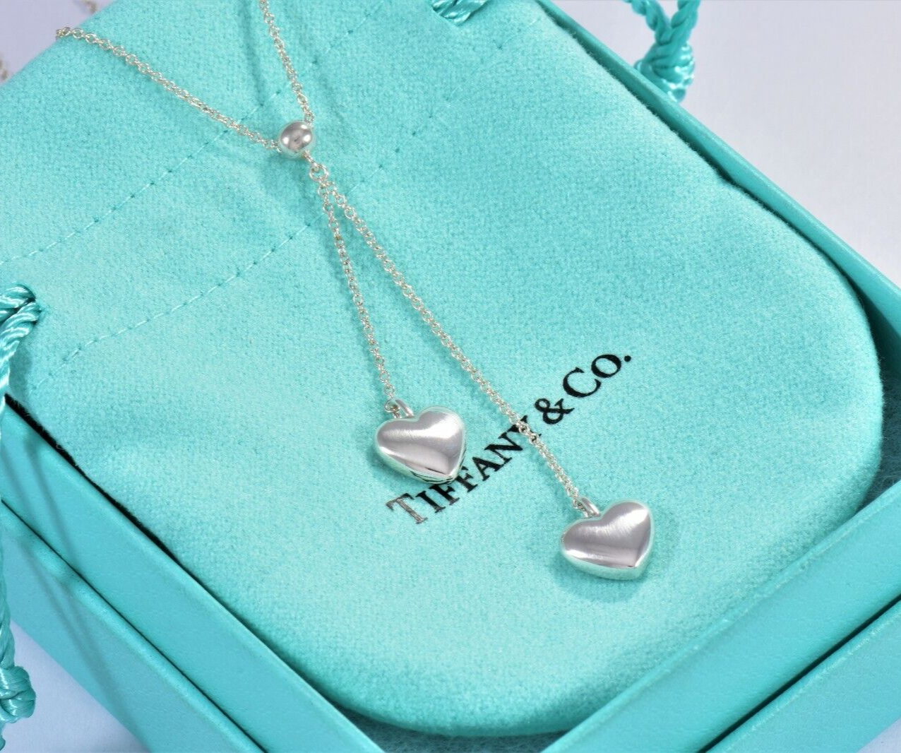 Tiffany & Co Silver Double Puff Heart Bead Drop Pendant Necklace in Pouch Dangle