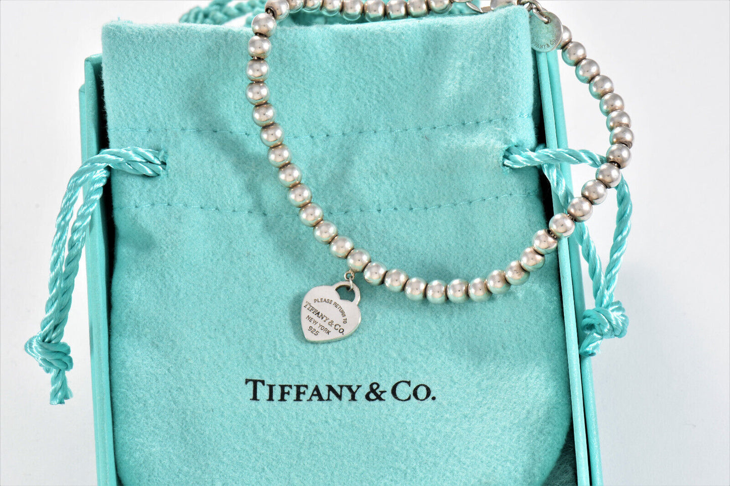 Please Return To Tiffany & Co Silver Blue Enamel Heart Charm Bead 7" Bracelet