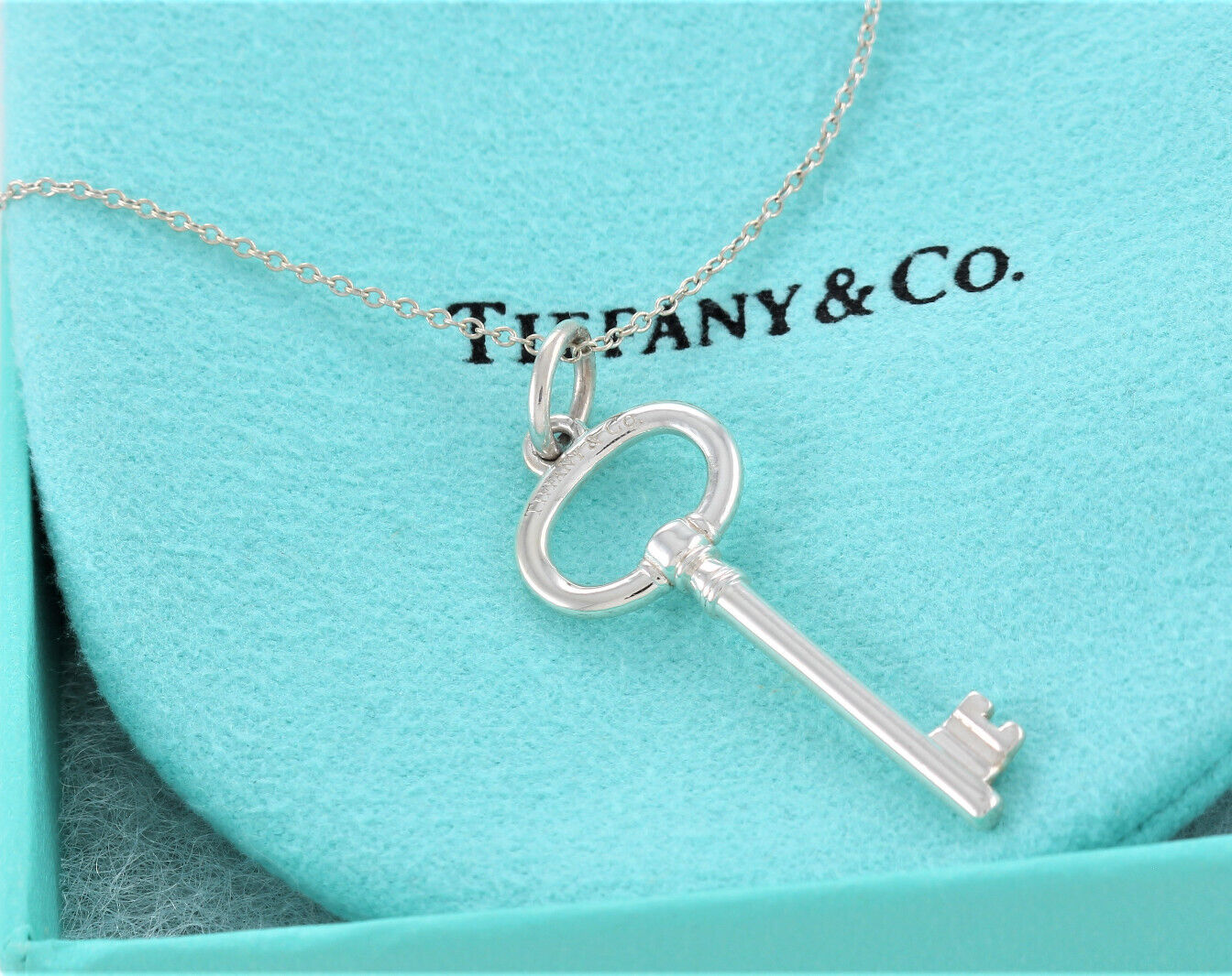 Tiffany & Co Sterling Silver 1.5" Oval Key Pendant 18.25" Chain Necklace in Box