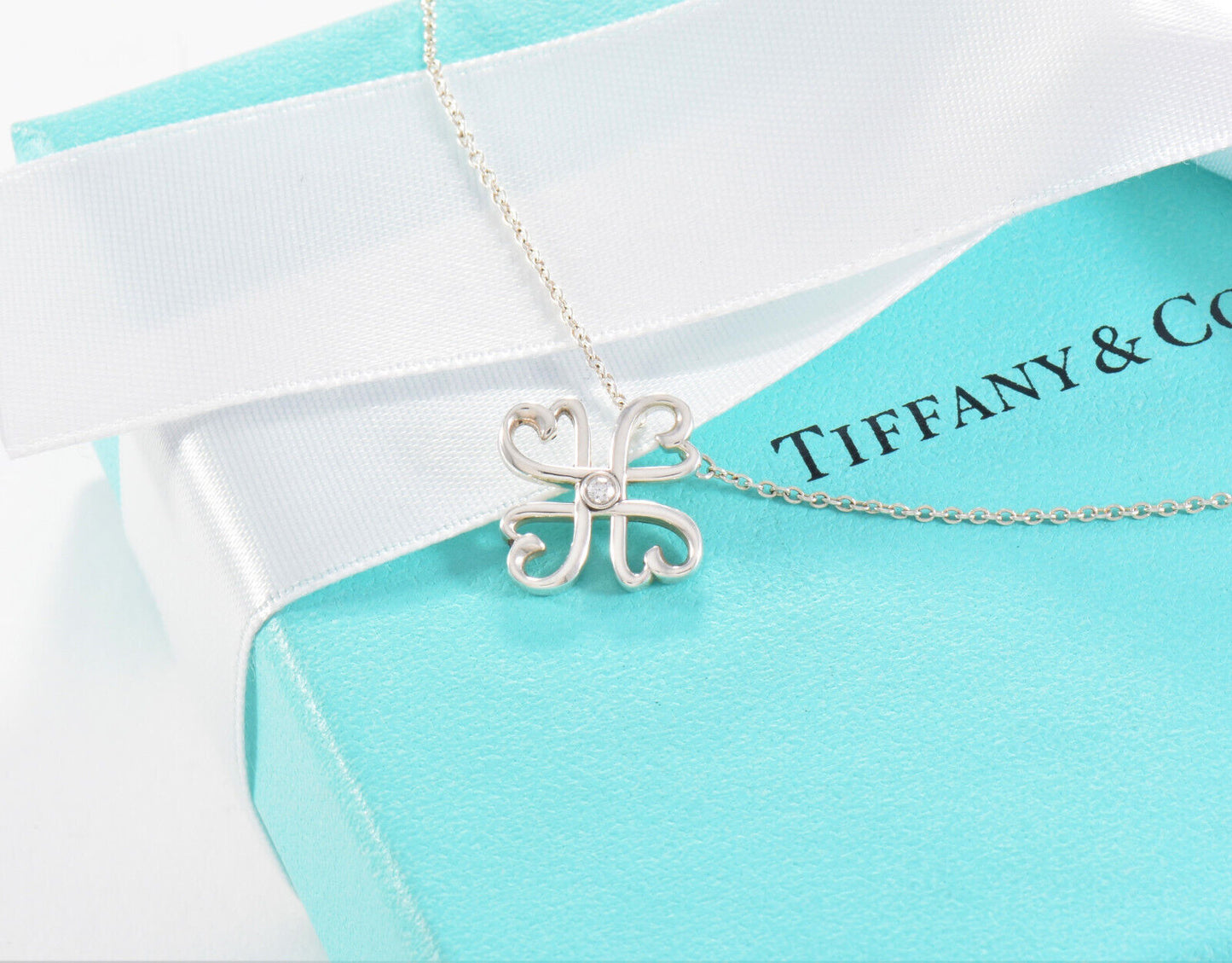 Tiffany & Co Diamond Silver Paloma Picasso Loving Heart Clover Pendant Necklace