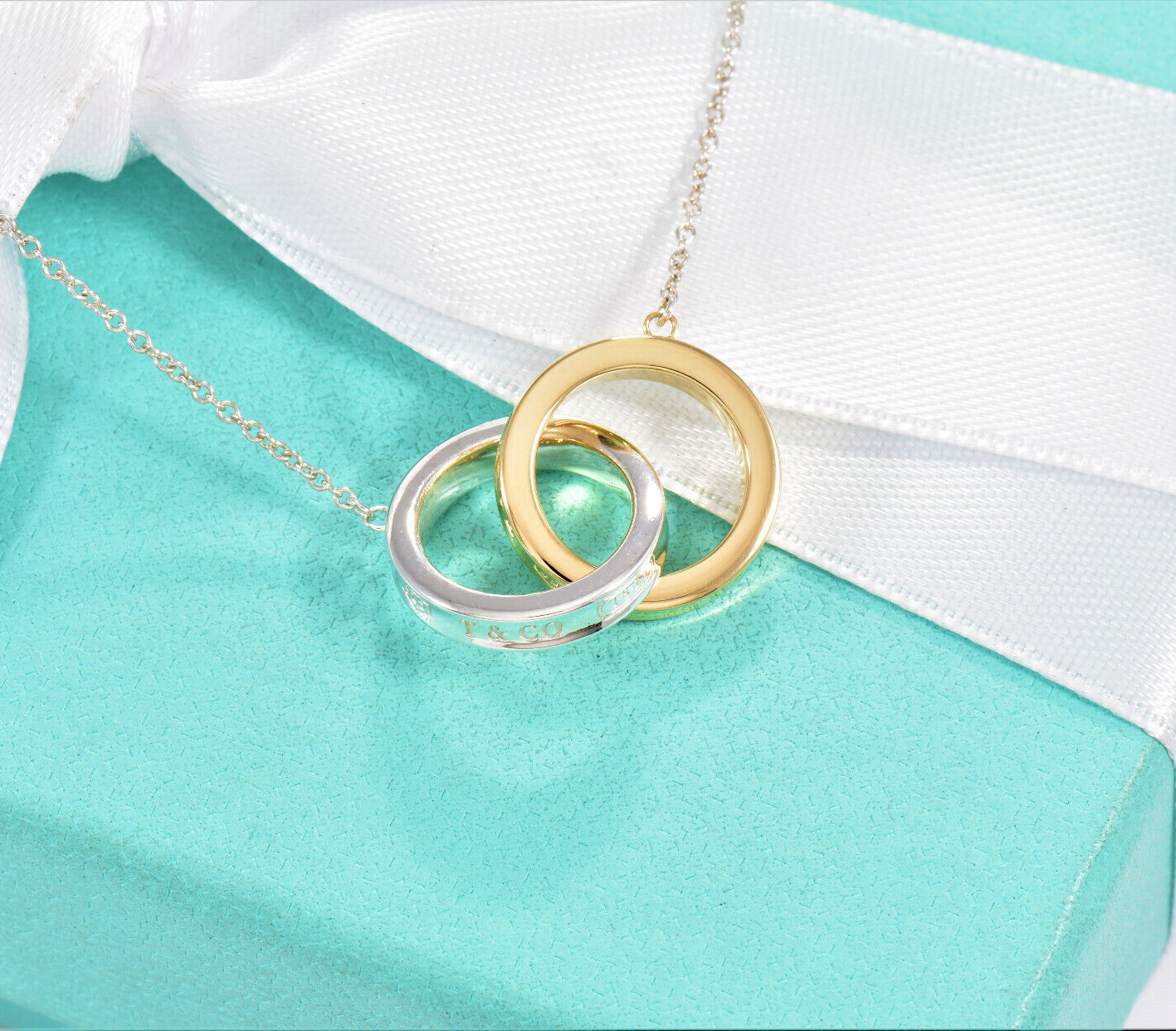 Tiffany & Co 18K Yellow Gold Silver 1837 Interlocking Circles Pendant Necklace