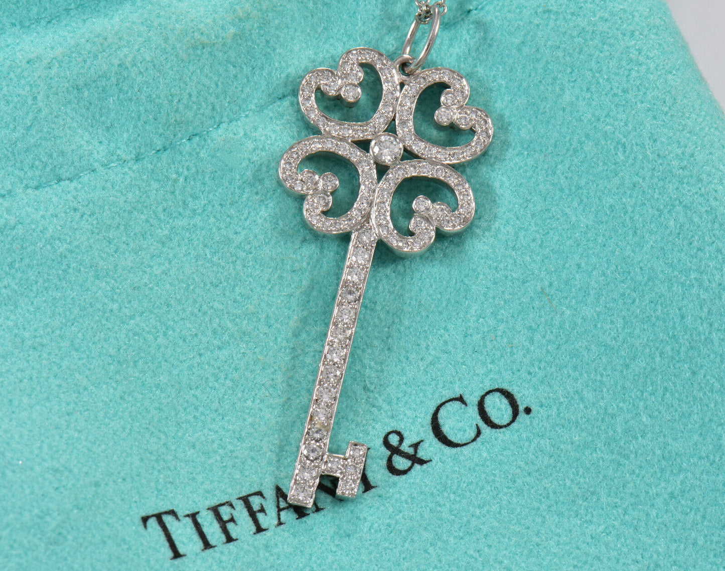 Tiffany & Co Diamond Platinum 35mm Quatra Heart Key Pendant 16" Necklace in Box