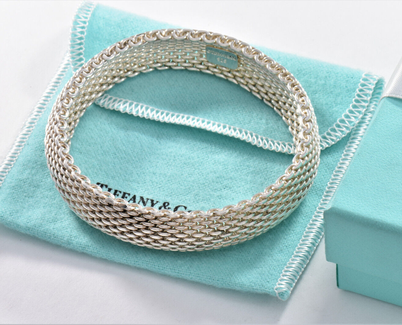 7.5” Tiffany & Co Silver Somerset Mesh Dome Bangle Bracelet in Box Pouch Ribbon