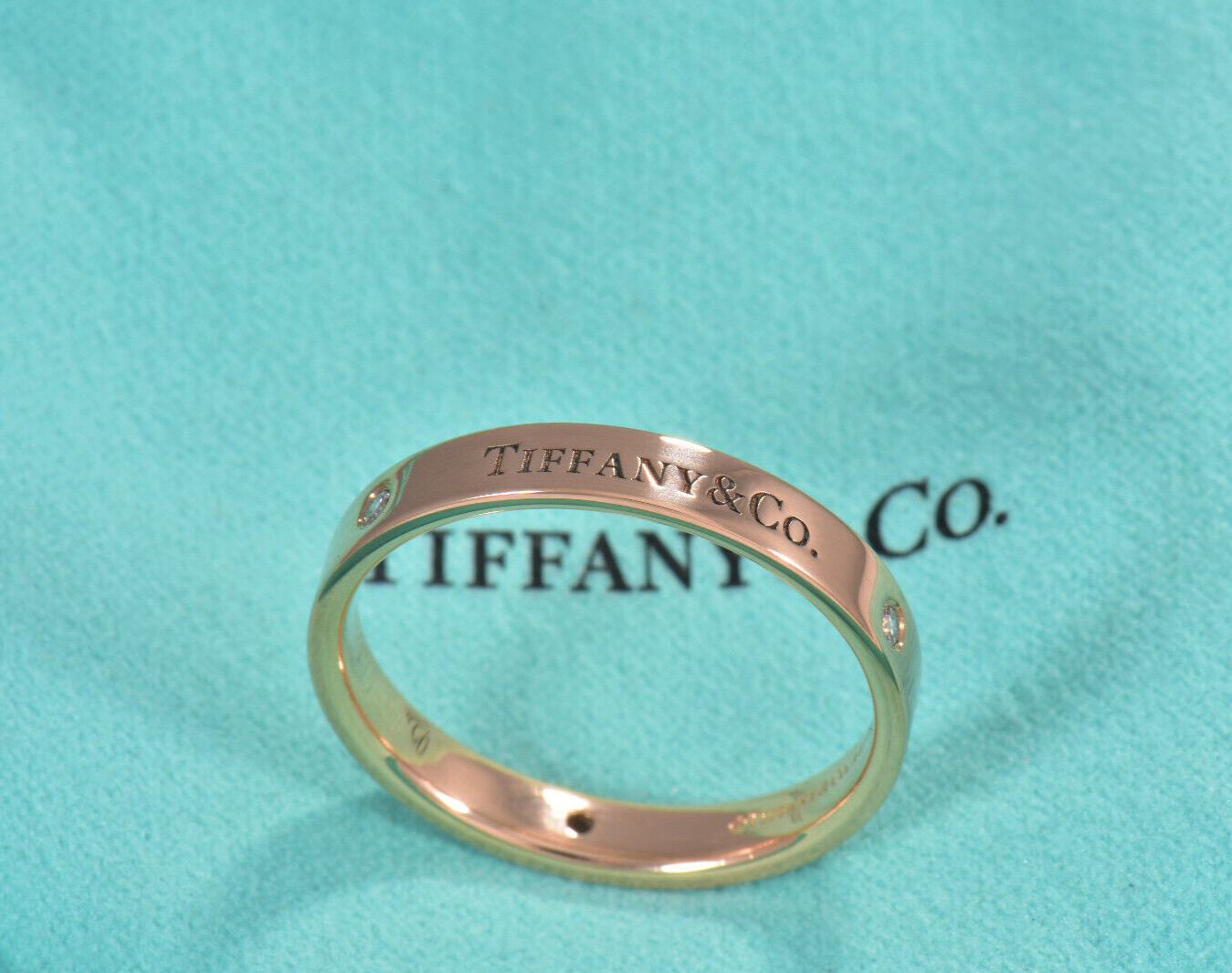 Size 5.5 Tiffany & Co Rose Gold Three Diamond 3mm Band Ring in Box Pouch Lovely