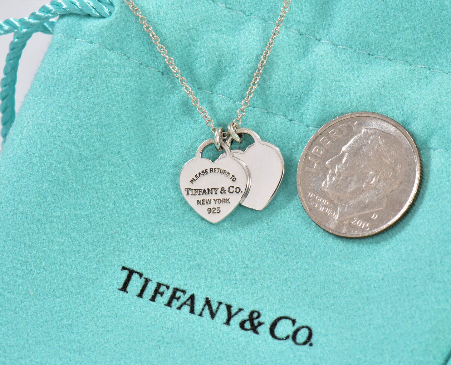 19.25" Please Return To Tiffany & Co Silver Mini Double Heart Pendant Necklace