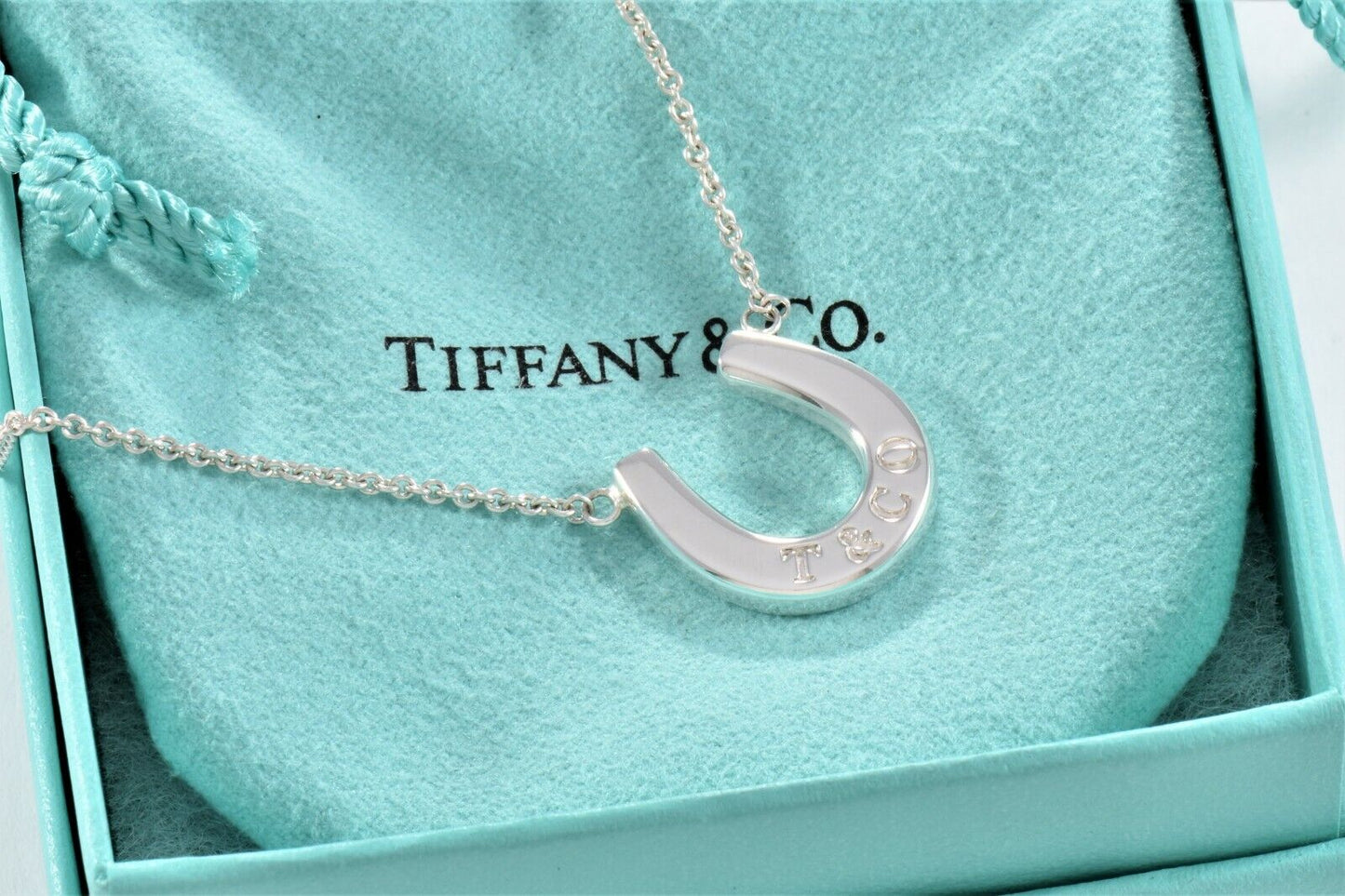 Tiffany & Co Sterling Silver Thick Horseshoe Pendant 16" Necklace in Pouch Rare