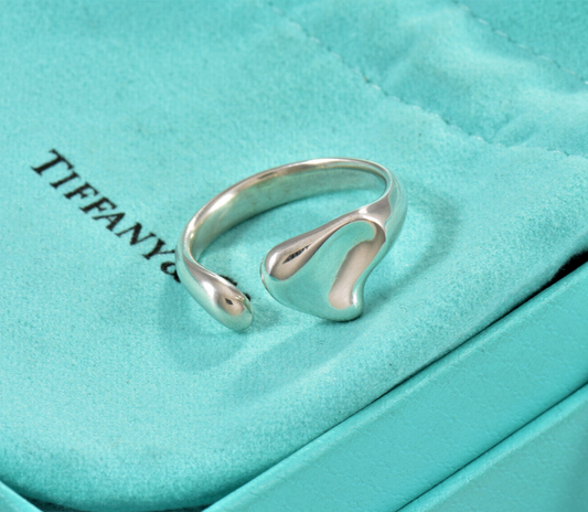 Size 7.5 Tiffany & Co Sterling Silver Elsa Peretti Full Heart Bypass Ring Pouch