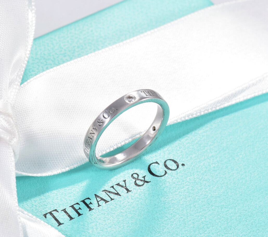 Size 8 Tiffany & Co Diamond Platinum Band 3mm Ring in Box Pouch .07 ct Classic