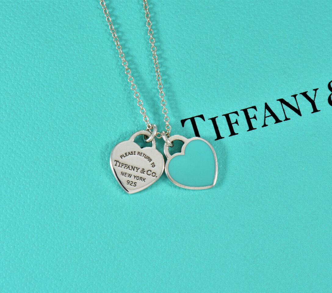 18.5" Please Return Tiffany & Co Silver Mini Double Heart Blue Enamel Necklace