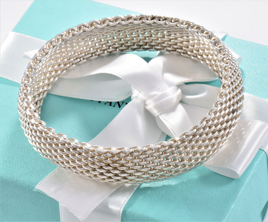 7.5” Tiffany & Co Silver Somerset Mesh Dome Bangle Bracelet in Box Pouch Ribbon