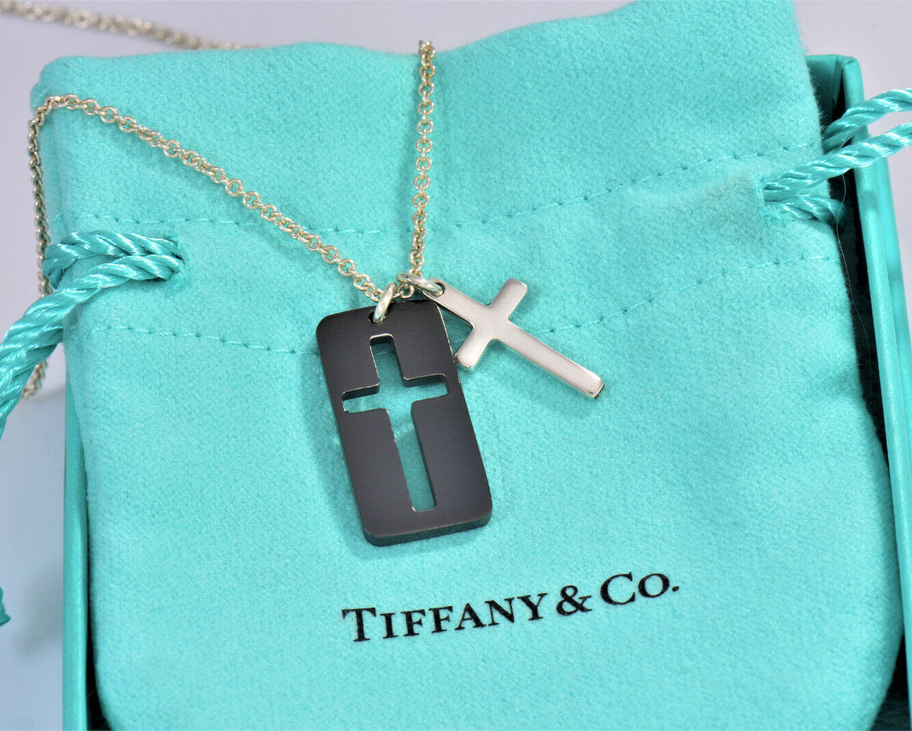 Tiffany & Co Silver Black Titanium Cross Pendant 20" Necklace in Pouch Rare Mens