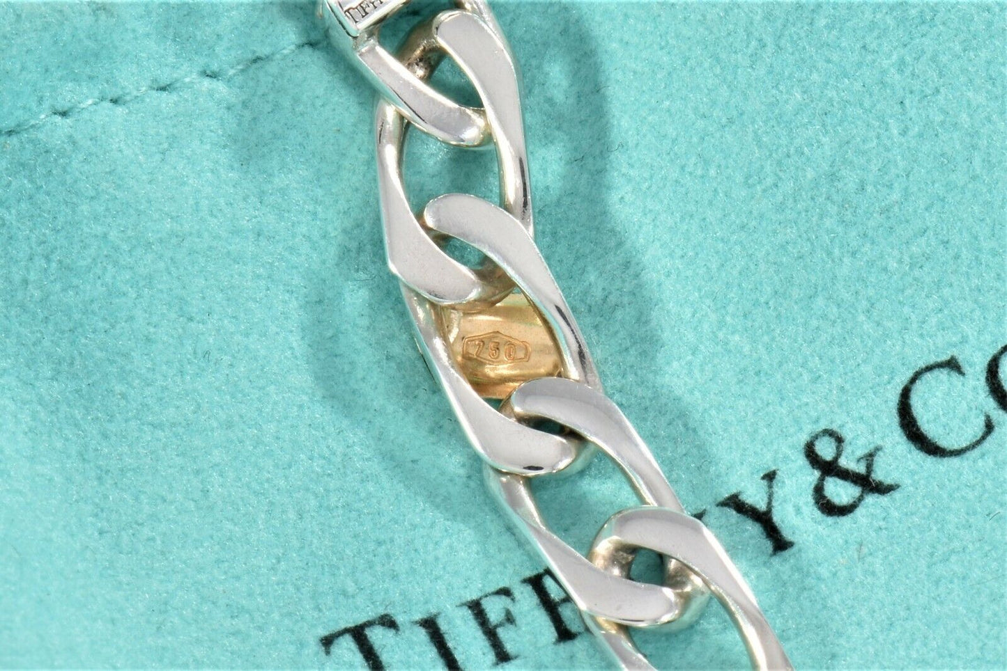 7.75" Tiffany & Co Sterling Silver 18K Gold Figaro Bracelet in Pouch Cuban Link