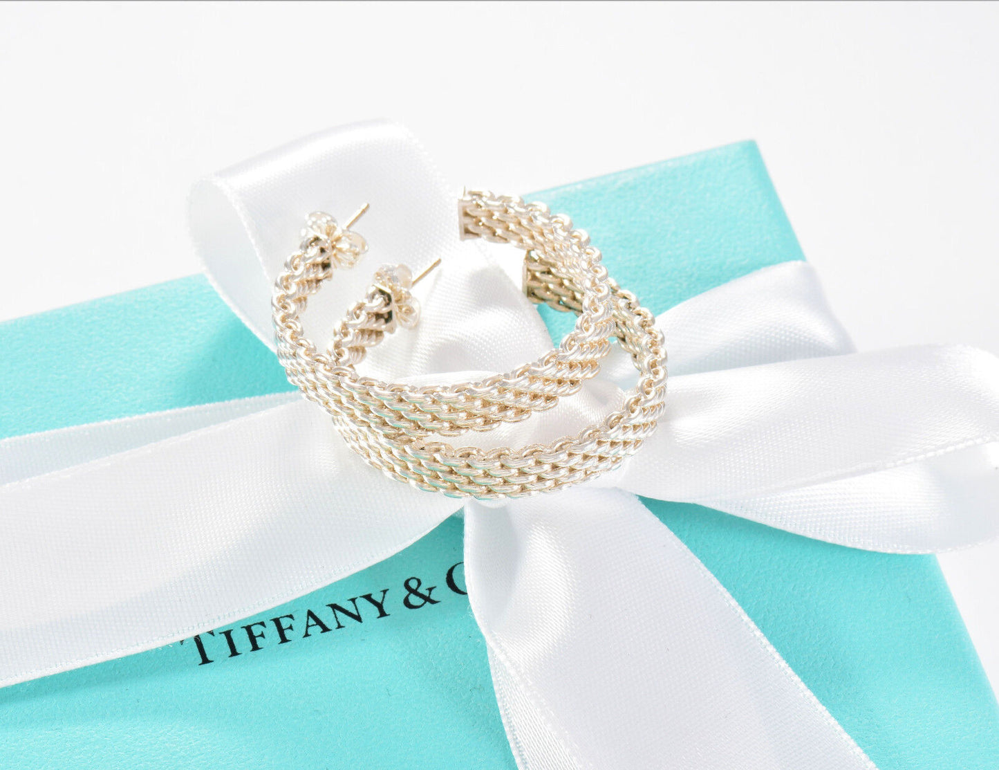 Tiffany & Co Sterling Silver Large 33mm Mesh Hoop Earrings in Box Narrow Rare