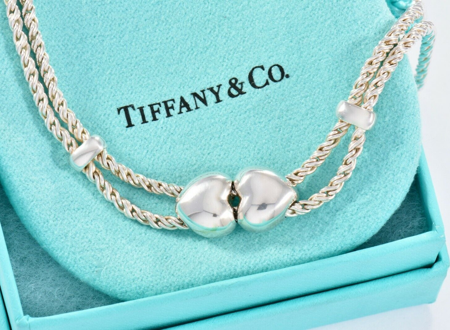 Tiffany & Co Italy Silver Double Heart Rope Chain Necklace 16.5" Chain in Pouch