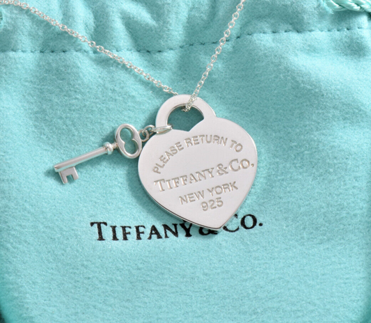 Please Return To Tiffany & Co Silver Medium Heart Tag Key 16.25" Necklace in Box