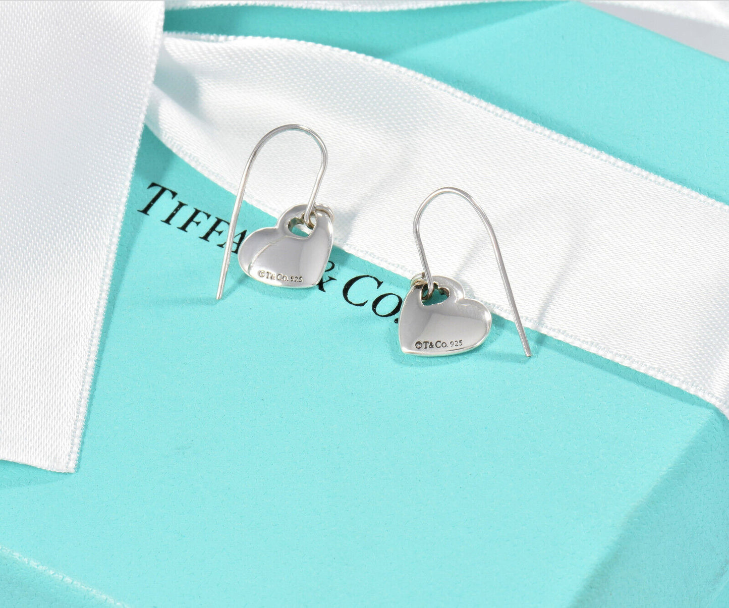 Tiffany & Co Silver Puff Heart Stencil Hook Earrings in Box Pouch Ribbon Dangle