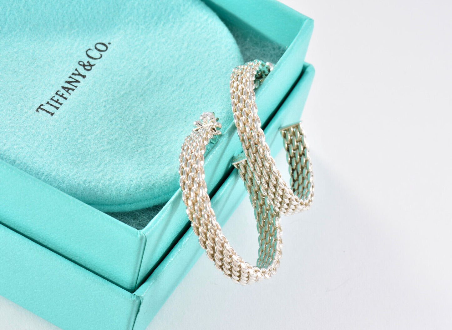 Tiffany & Co Sterling Silver Large 33mm Mesh Hoop Earrings in Box Narrow Rare