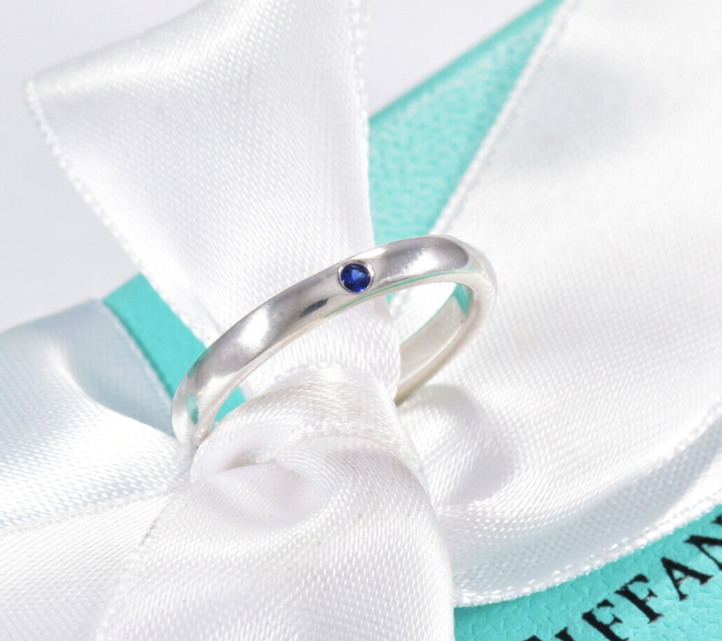 Size 12.5 Tiffany & Co Silver Elsa Peretti Blue Sapphire Stack Ring & Pouch Rare