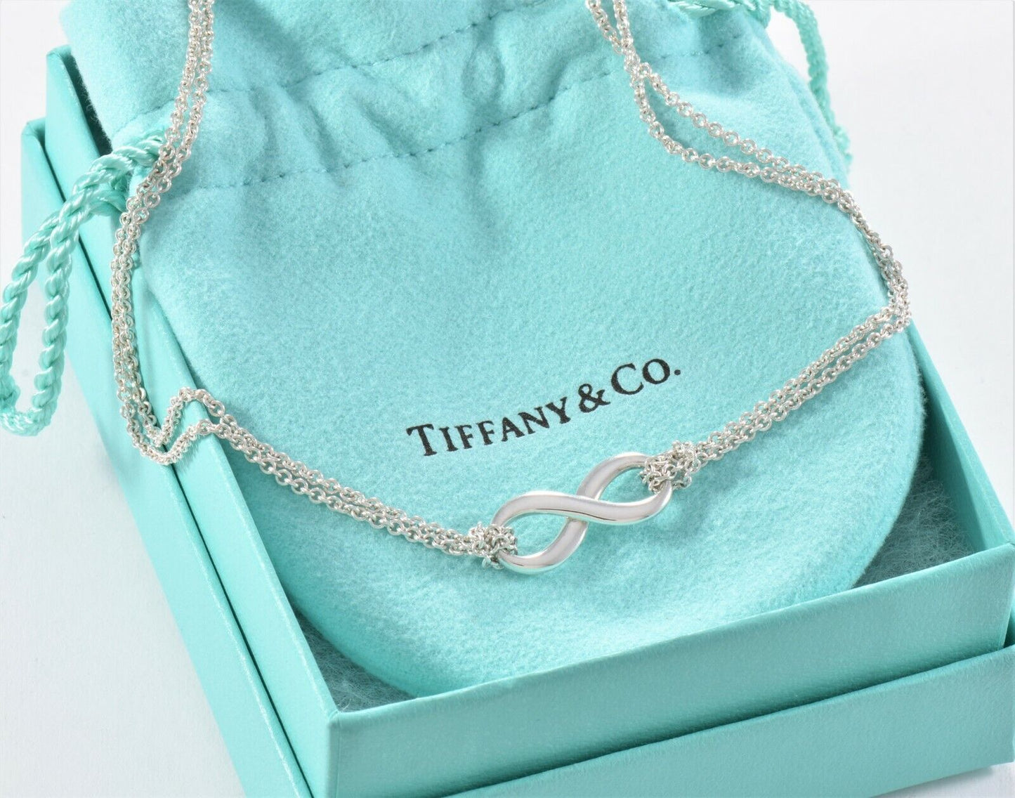 Tiffany & Co Silver Infinity Pendant 16" Double Chain Necklace in Box Pouch Card