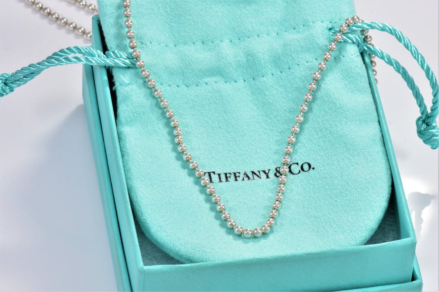 36.5" Tiffany & Co Silver 3mm Bead Chain Necklace For Pendant In Pouch Mens Uni